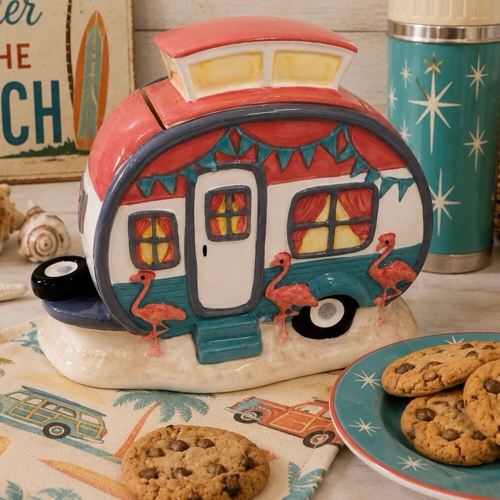 Blue Sky Clayworks Flamingo Camper Cookie Jar Retro Trailer Coastal Decor